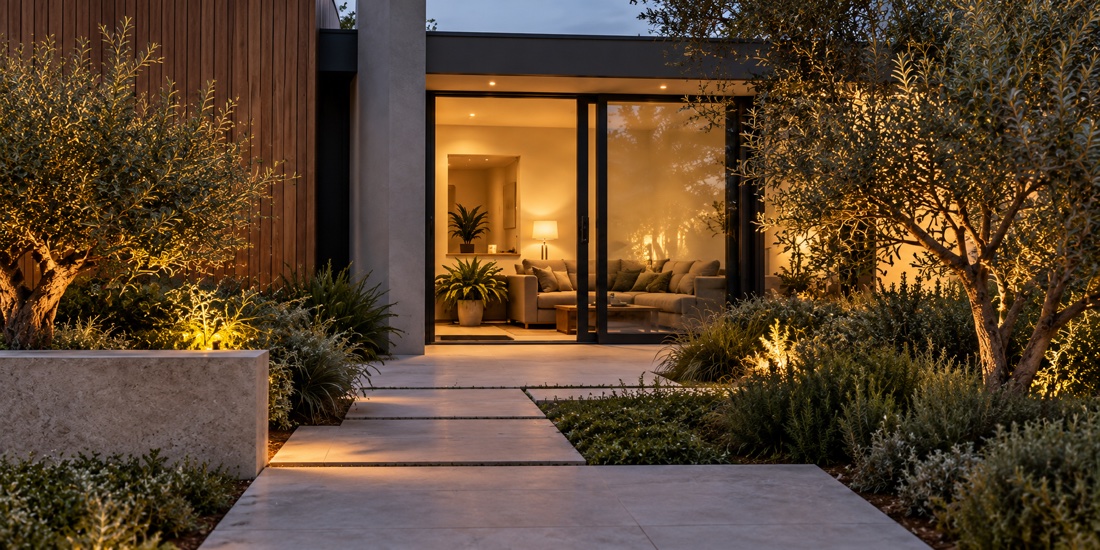 A welcoming entrance to a well-maintained modern home at dusk